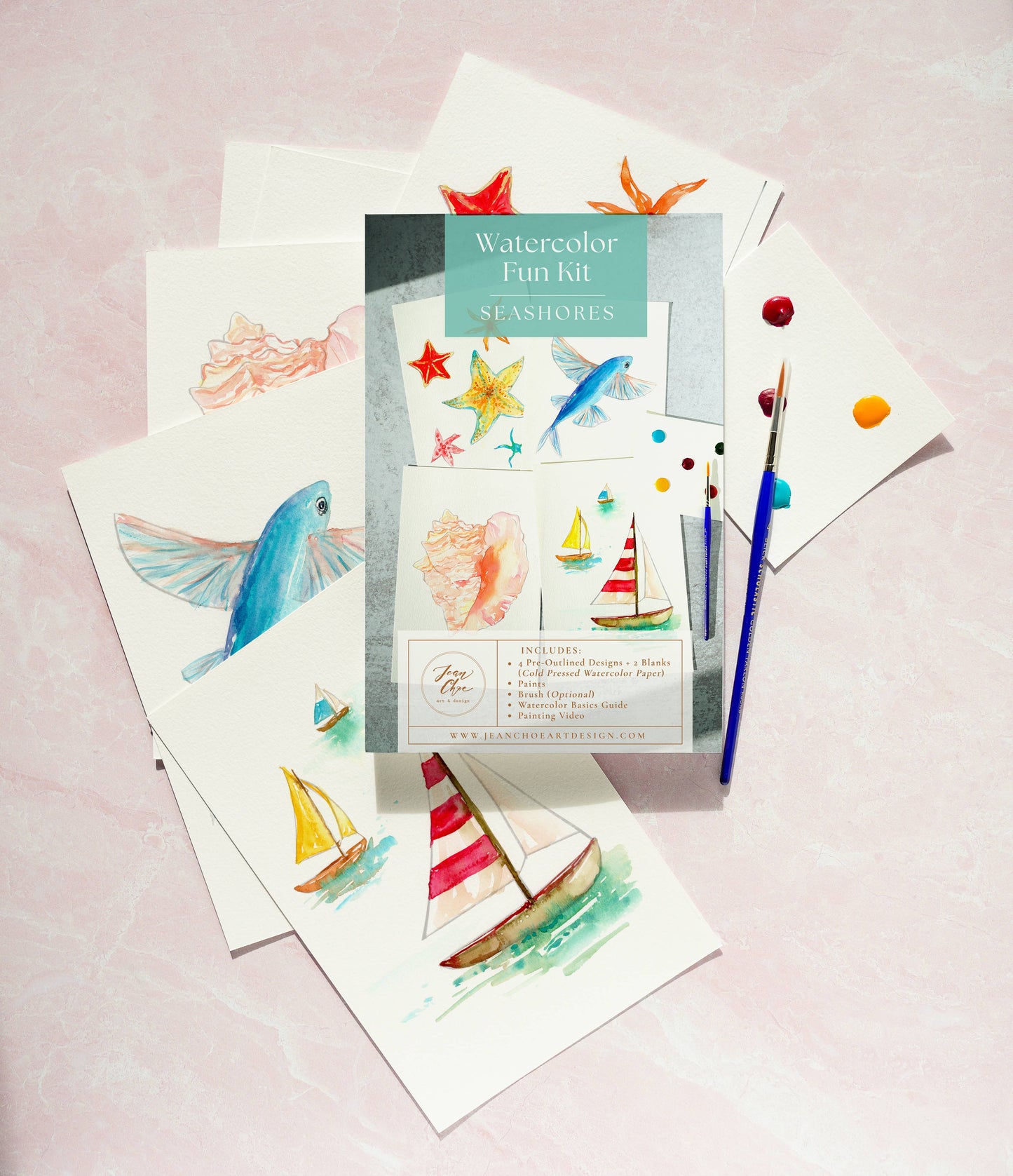 Watercolor Painting Kit: Seashores, Outlined Sea Life & Sail