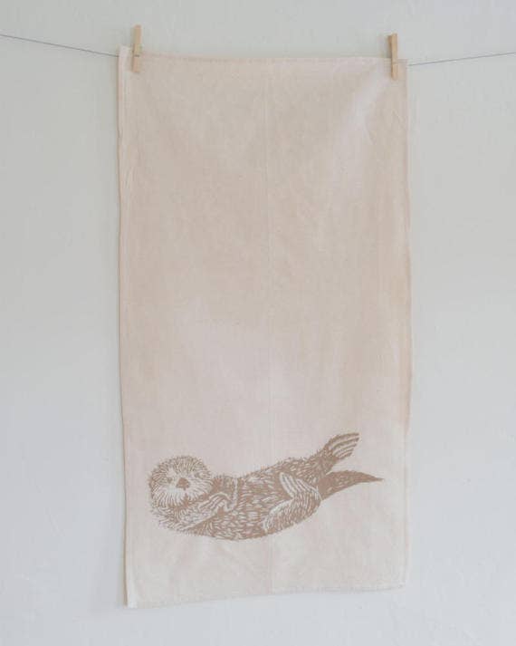 Sea Otter Organic Cotton Tea Towel — Mocha Brown | Hand-Printed Coastal Kitchen Gift
