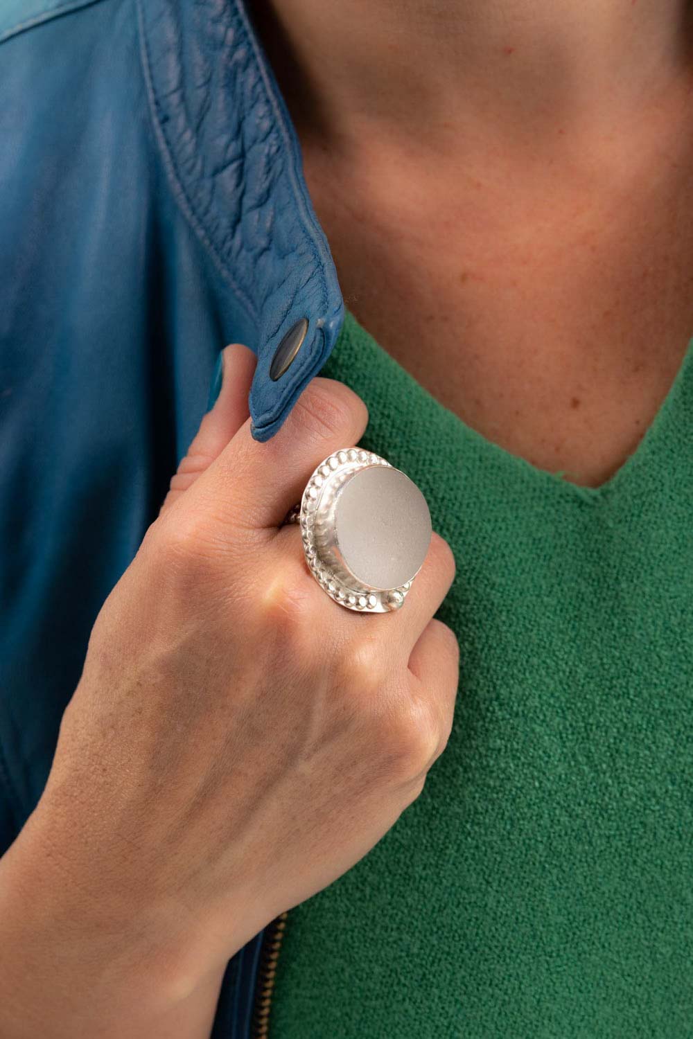 big white sea glass statement ring in silver