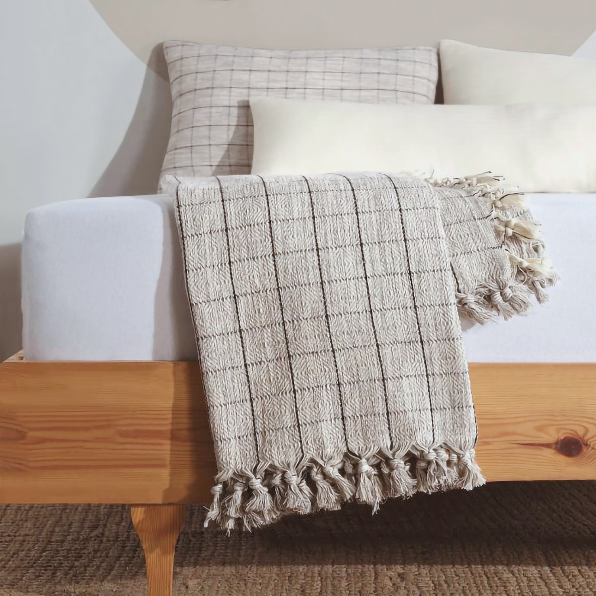 Minimalist Cotton Throw Blanket with Tassels — 100% Cotton | Boho Bed or Couch Throw