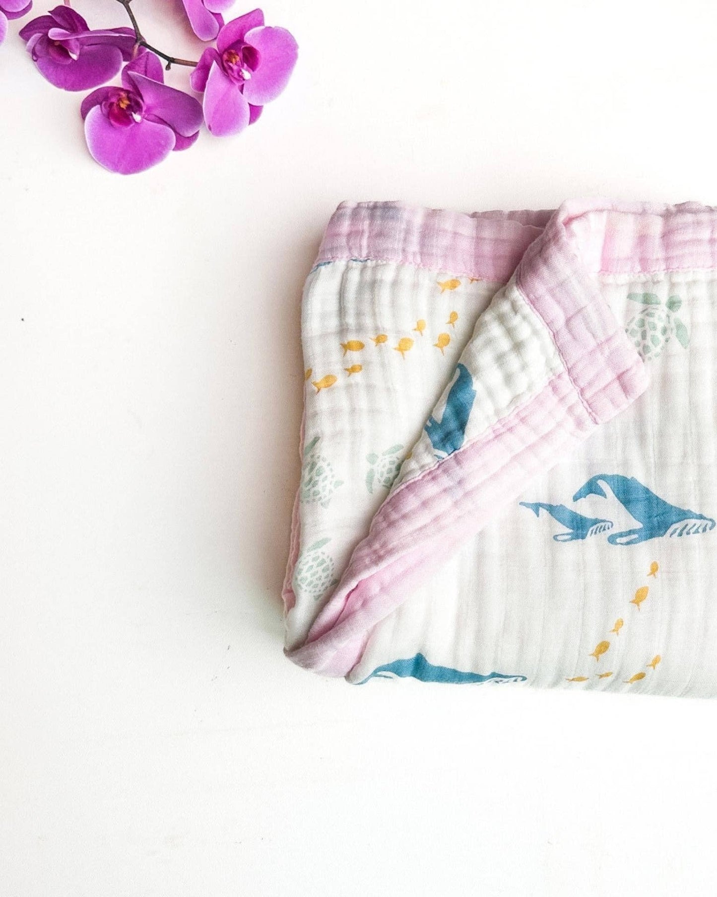 Sea Animals – Pink Trim | 6-Layer Organic Bamboo Muslin Baby Blanket