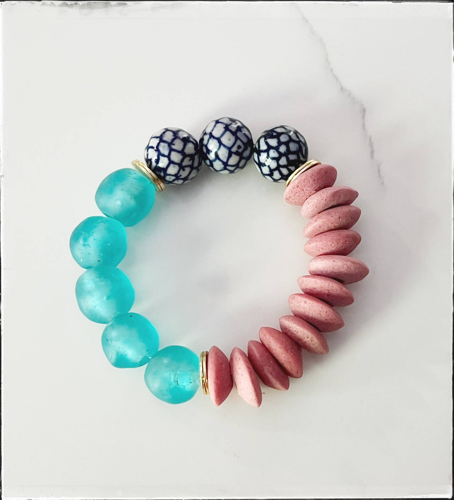 Blue Recycled Glass & Ceramic Chinoiserie Stretch Bracelet