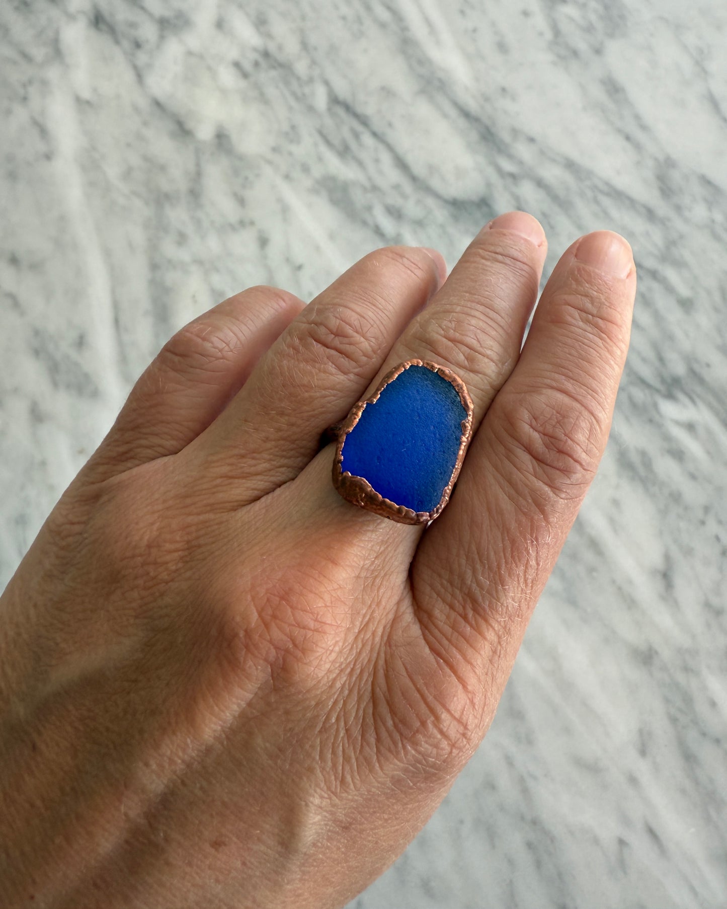 Electric Blue Sea Glass Ring sz 9
