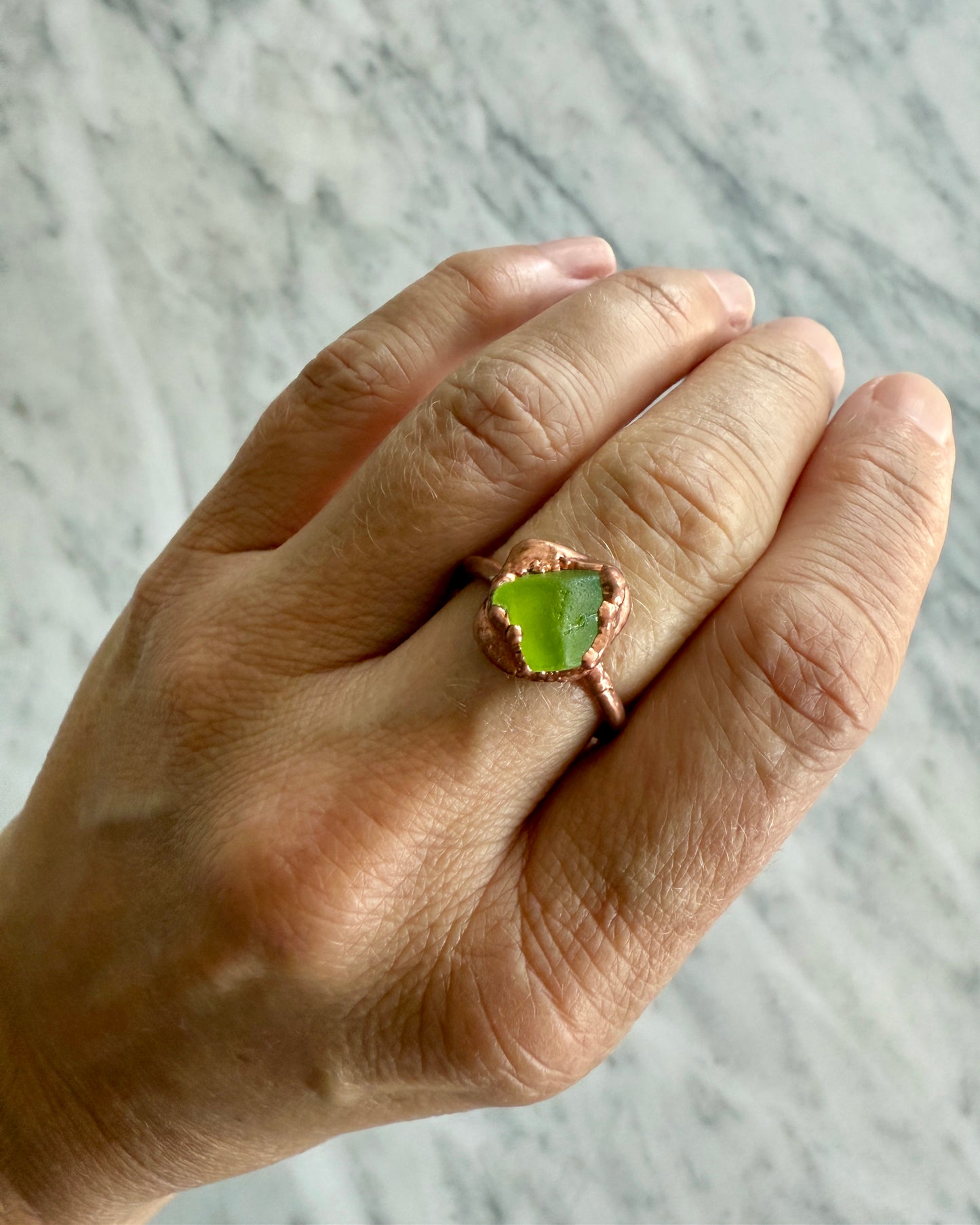 Chartreuse Green Sea Glass Ring sz 7.5