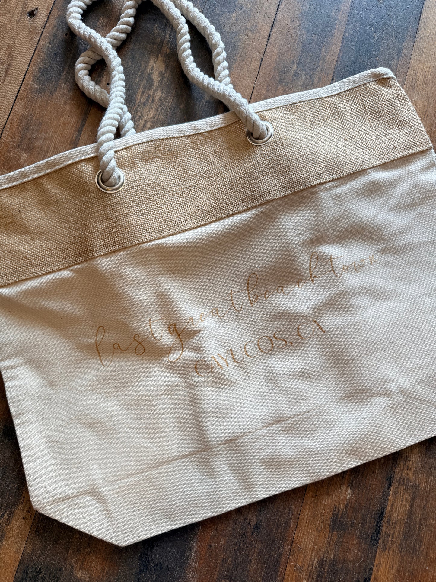 Large Cayucos beach tote bag with jute trim — California Central Coast souvenir gift