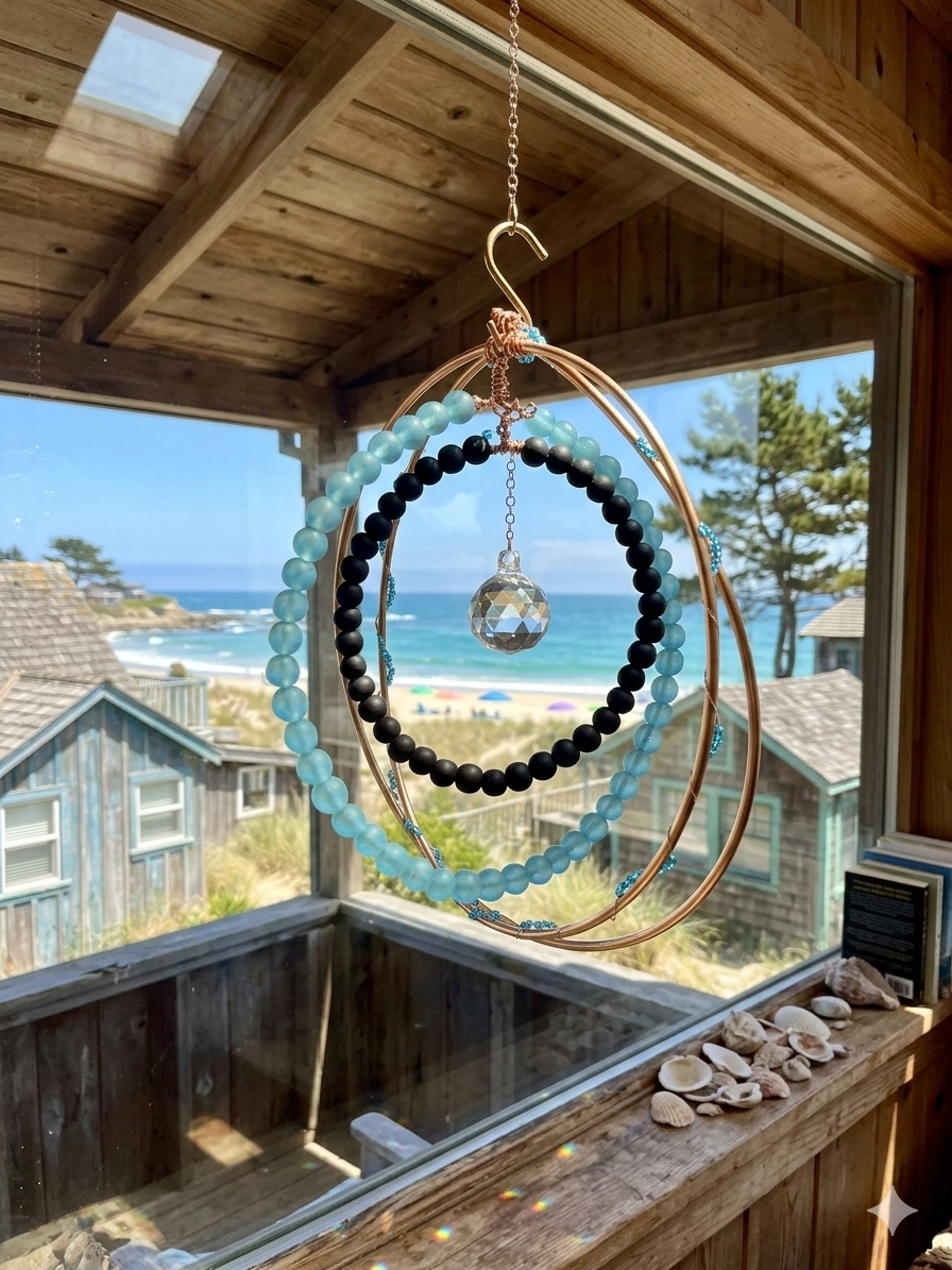 Bronze Sun Catcher — Bronze Wire & Luminous Glass Beads