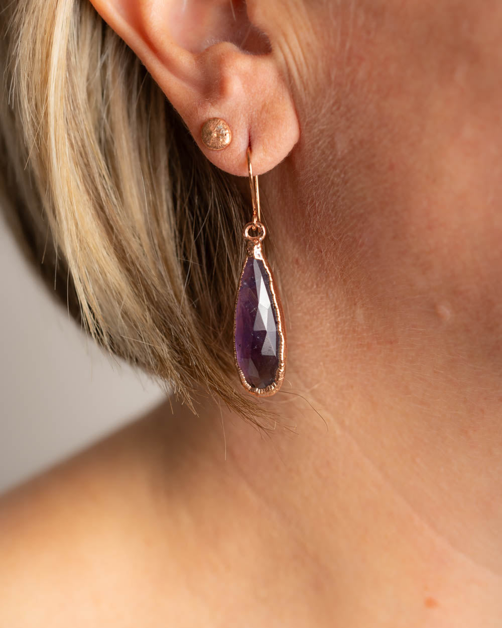 Amethyst Dangle Earrings — Faceted Stone — Electroformed Copper
