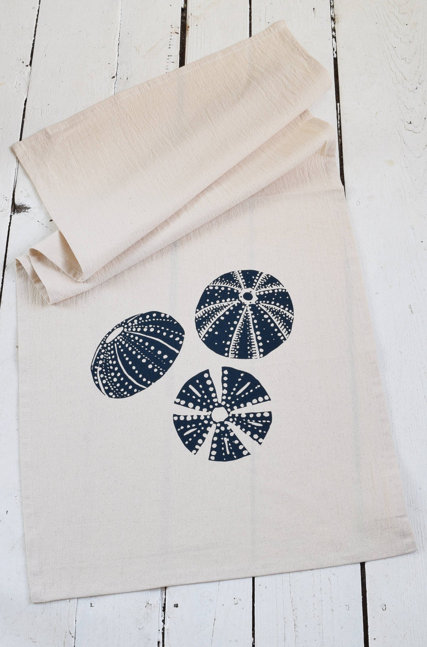 Sea Urchin Organic Cotton Tea Towel — Navy | Hand-Printed Coastal Kitchen Gift