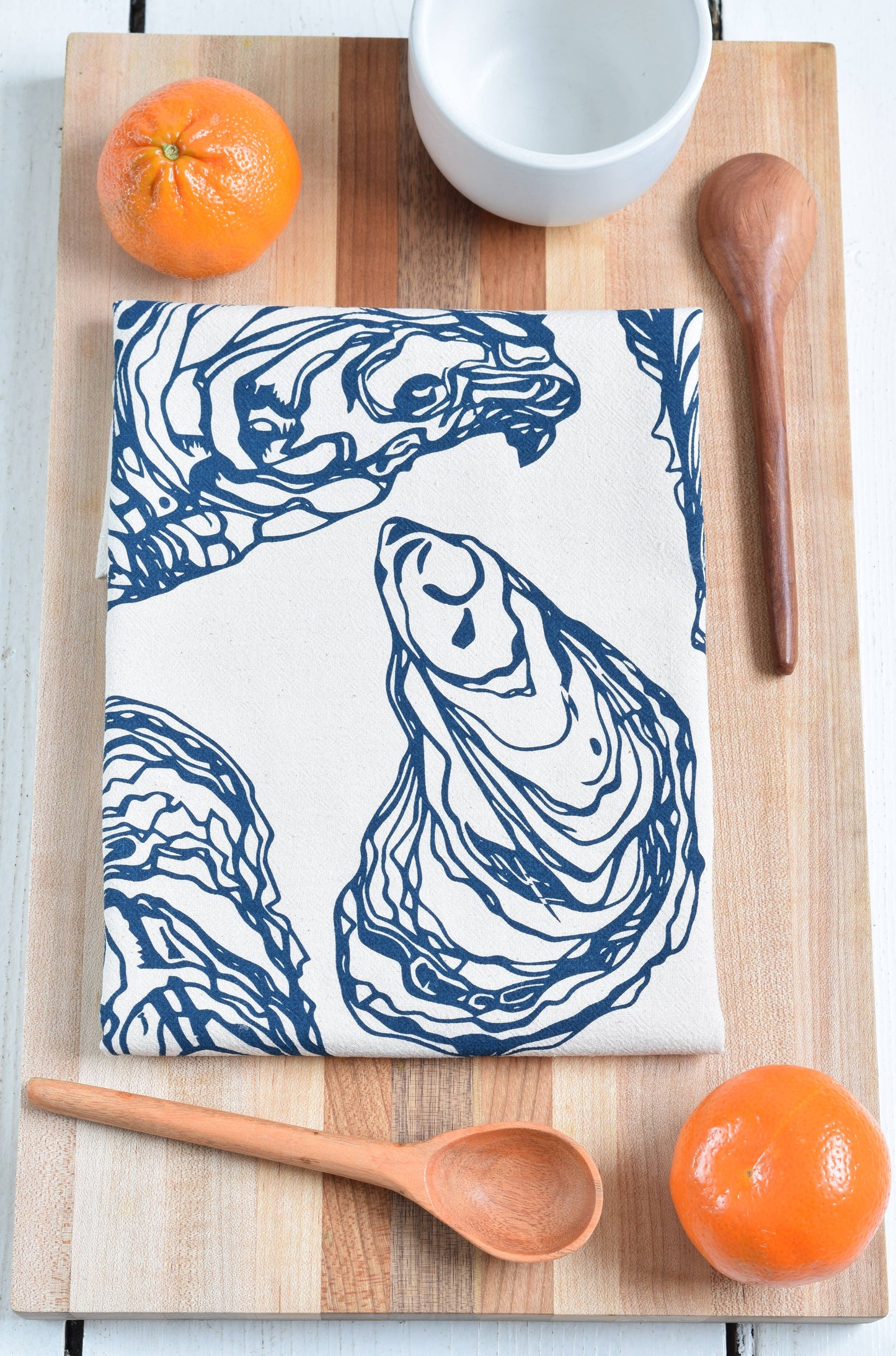 Oyster Organic Cotton Tea Towel — Navy | Hand-Printed Coastal Kitchen Gift