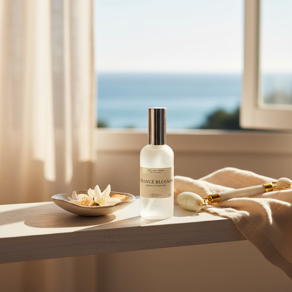 Orange Blossom mist lifestyle — beach house vanity morning ritual