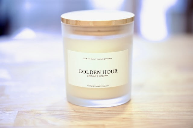Golden Hour 7oz coconut apricot wax candle in frosted glass with wood lid, patchouli and bergamot, hand poured in Cayucos