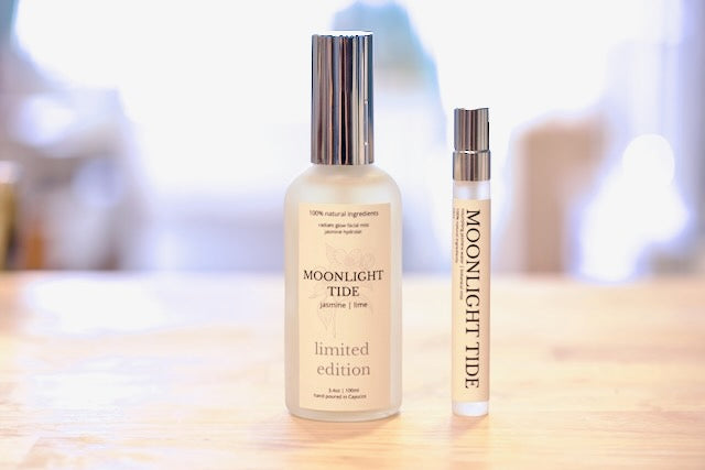 Moonlight Tide jasmine and lime botanical mist, 3.4oz ritual bottle and 10ml travel size, hand poured in Cayucos