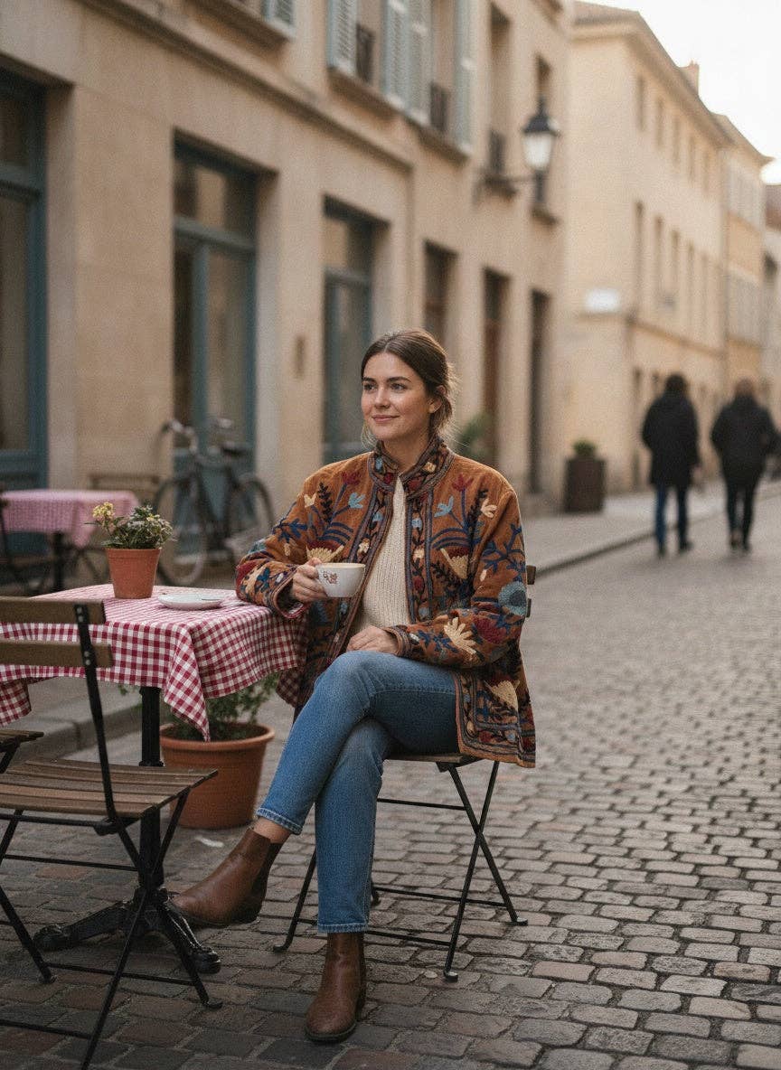 Embroidered Velvet Jacket — Rust