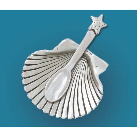 Seashell Salt Cellar with Spoon & Starfish Detail — Pewter | Coastal Kitchen Gift