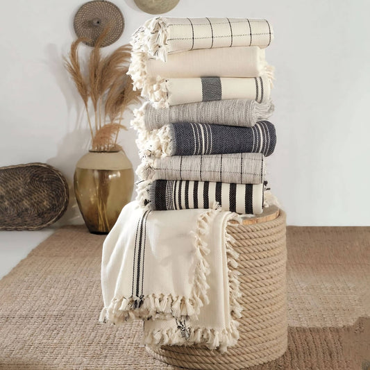Minimalist Cotton Throw Blanket with Tassels — 100% Cotton | Boho Bed or Couch Throw
