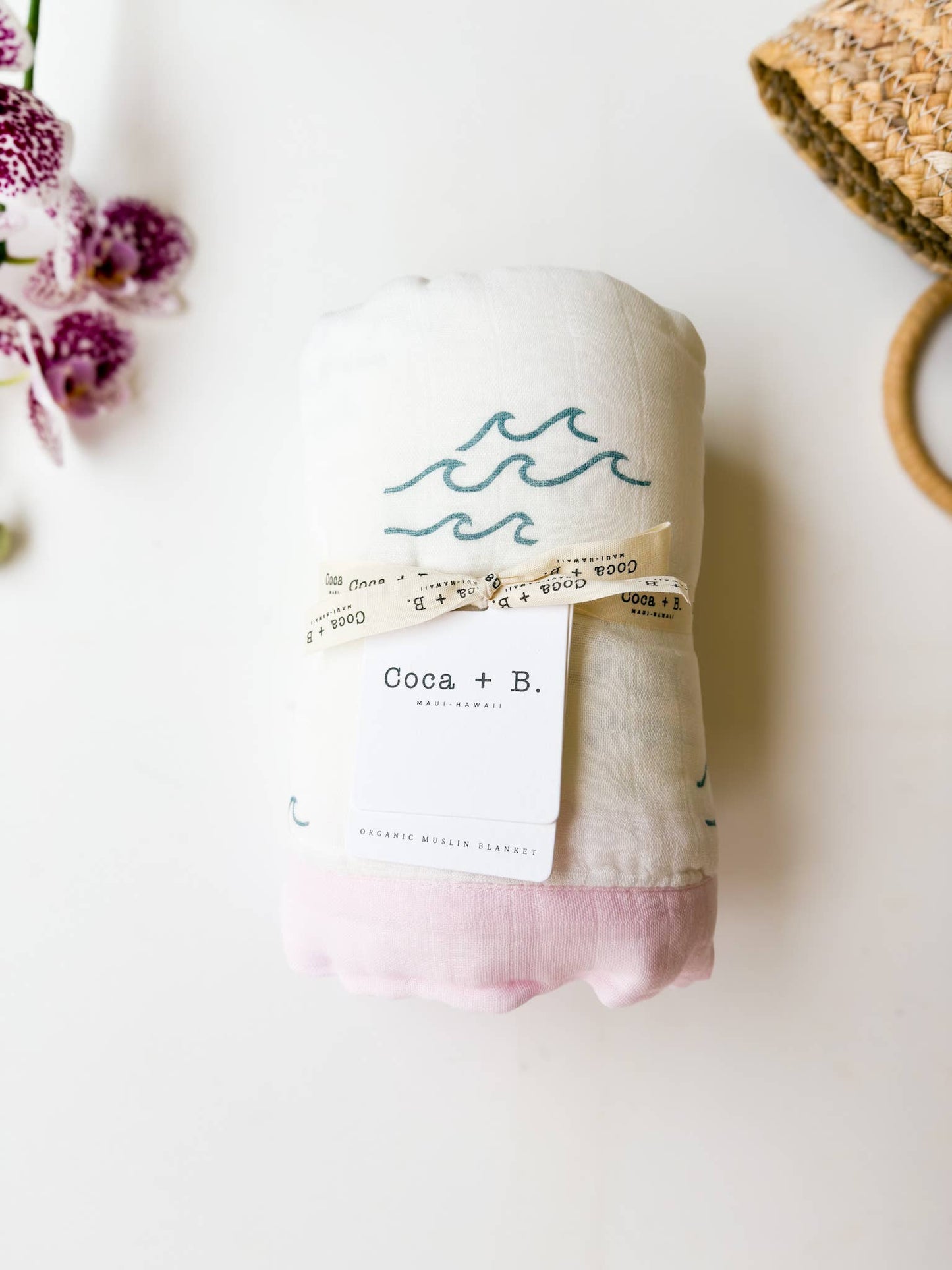 Pink Trim Simple Wave Print 6-Layer Organic Baby Blanket