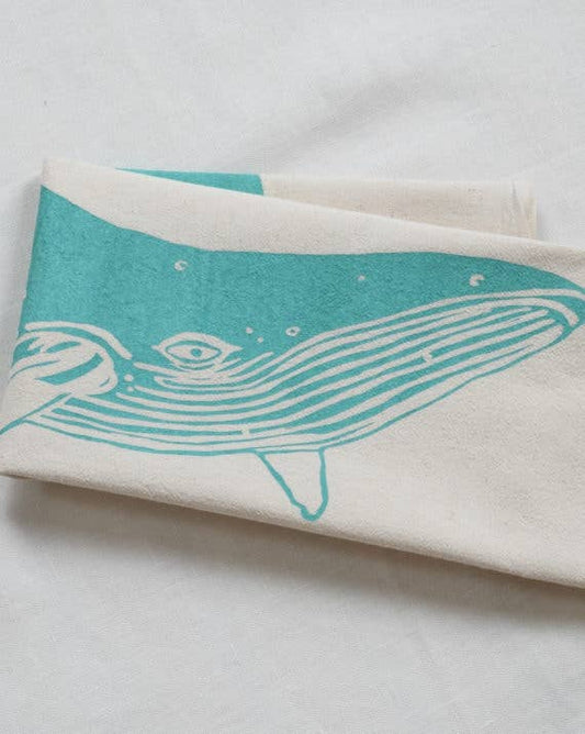 Humpback Whale Organic Cotton Tea Towel — Mint Green | Hand-Printed Coastal Kitchen Gift