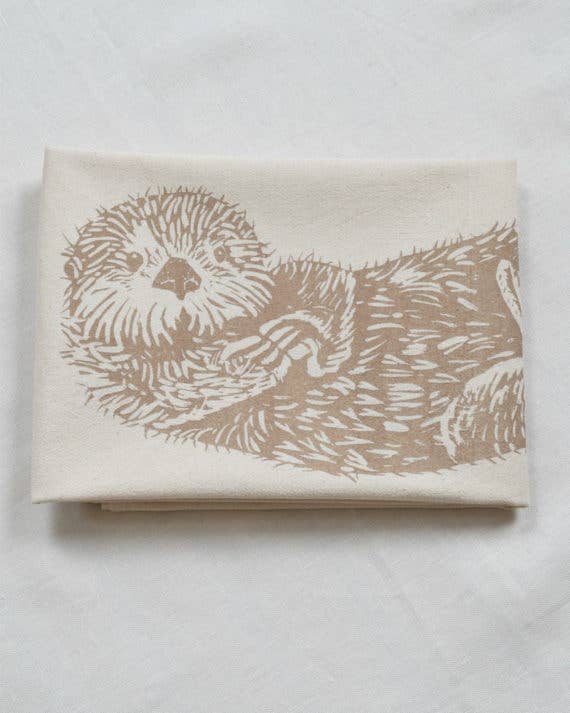 Sea Otter Organic Cotton Tea Towel — Mocha Brown | Hand-Printed Coastal Kitchen Gift