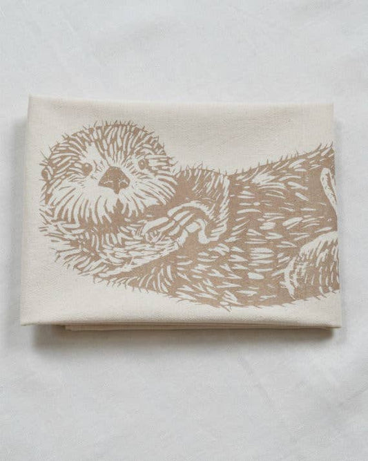 Sea Otter Organic Cotton Tea Towel — Mocha Brown | Hand-Printed Coastal Kitchen Gift