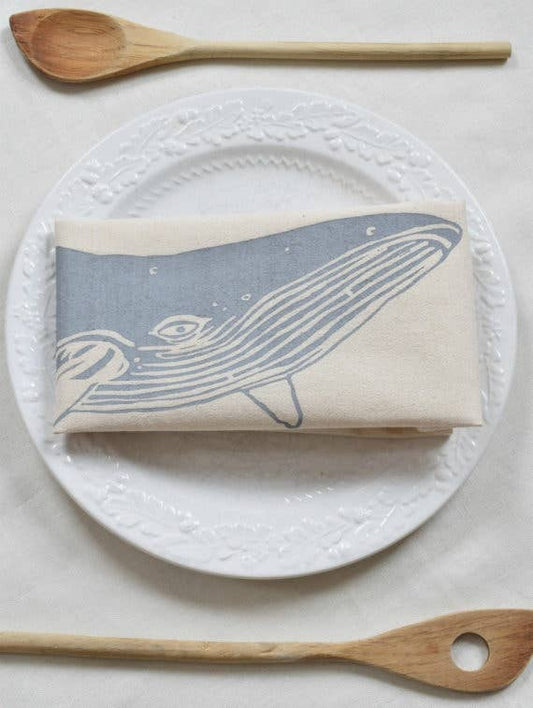 Humpback Whale Organic Cotton Tea Towel — Grey | Hand-Printed Coastal Kitchen Gift