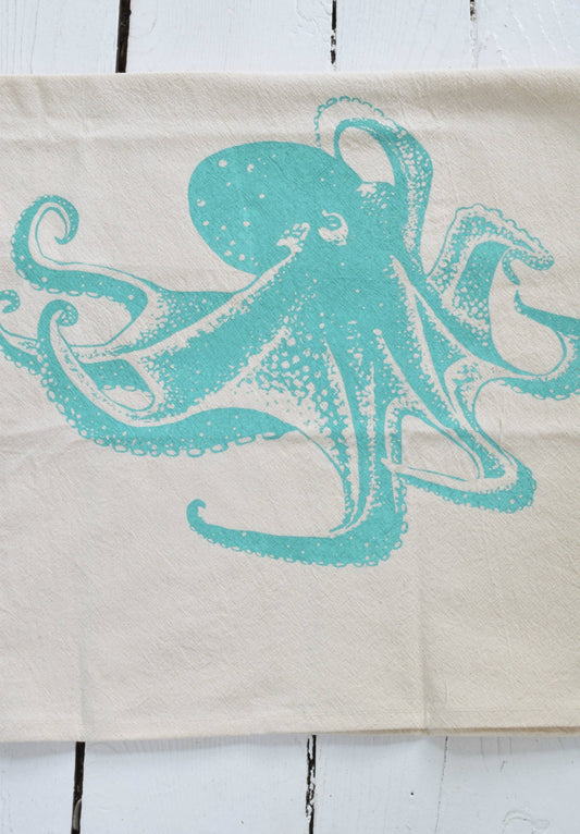 Octopus Organic Cotton Tea Towel — Mint Green | Hand-Printed Coastal Kitchen Gift