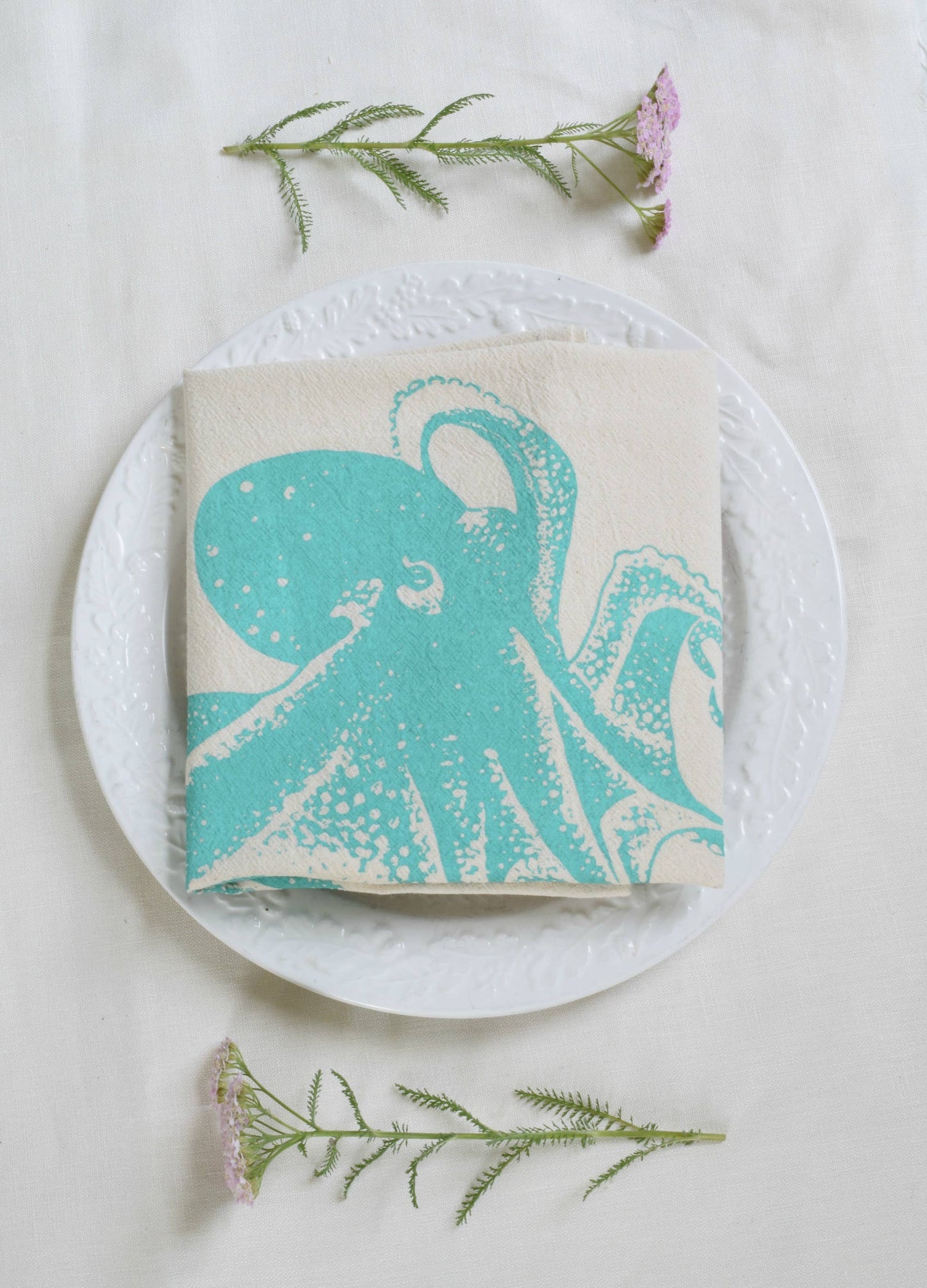 Octopus Organic Cotton Tea Towel — Mint Green | Hand-Printed Coastal Kitchen Gift