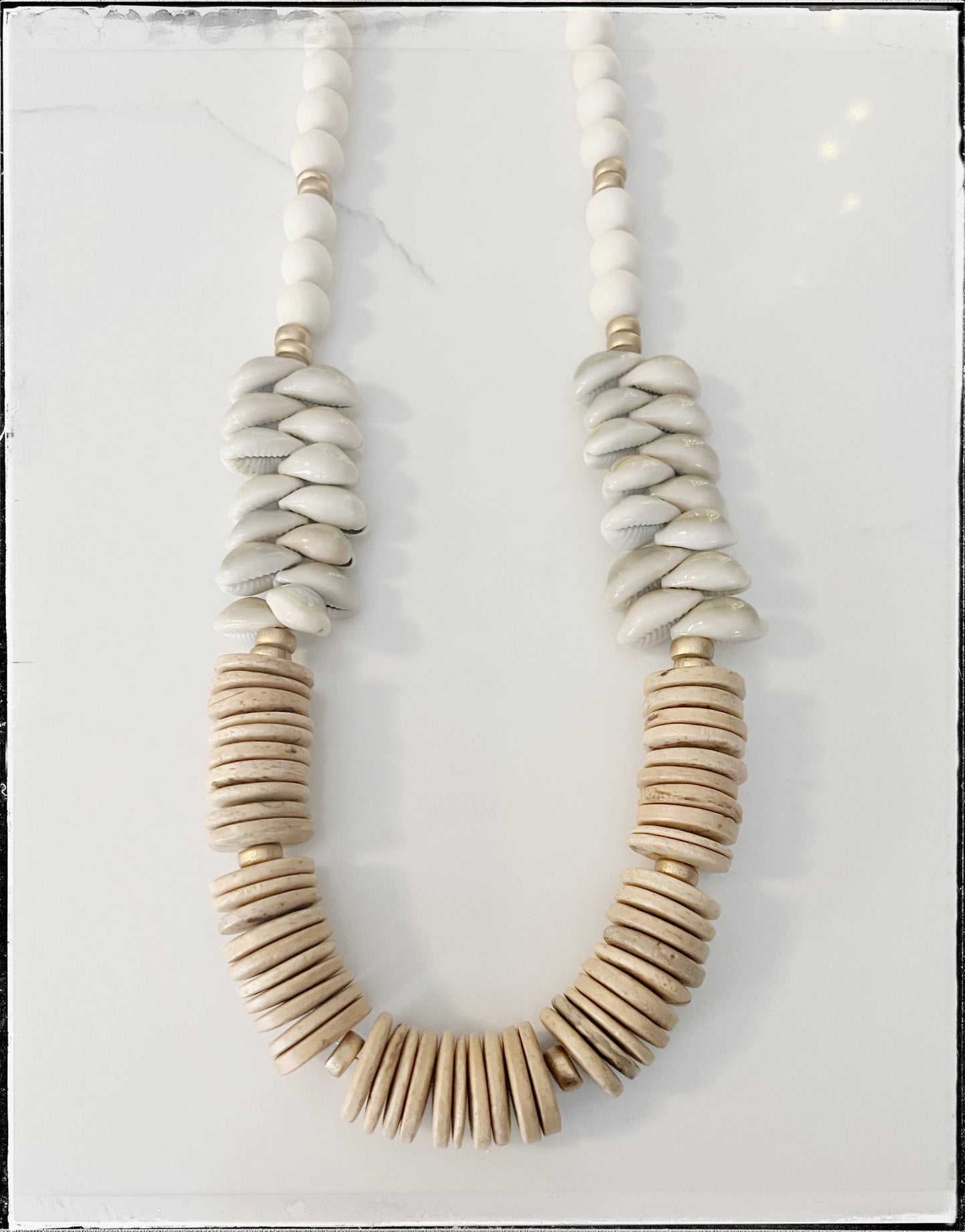 White Coconut Wood Round Bead & Cowrie Sea Shell Necklace