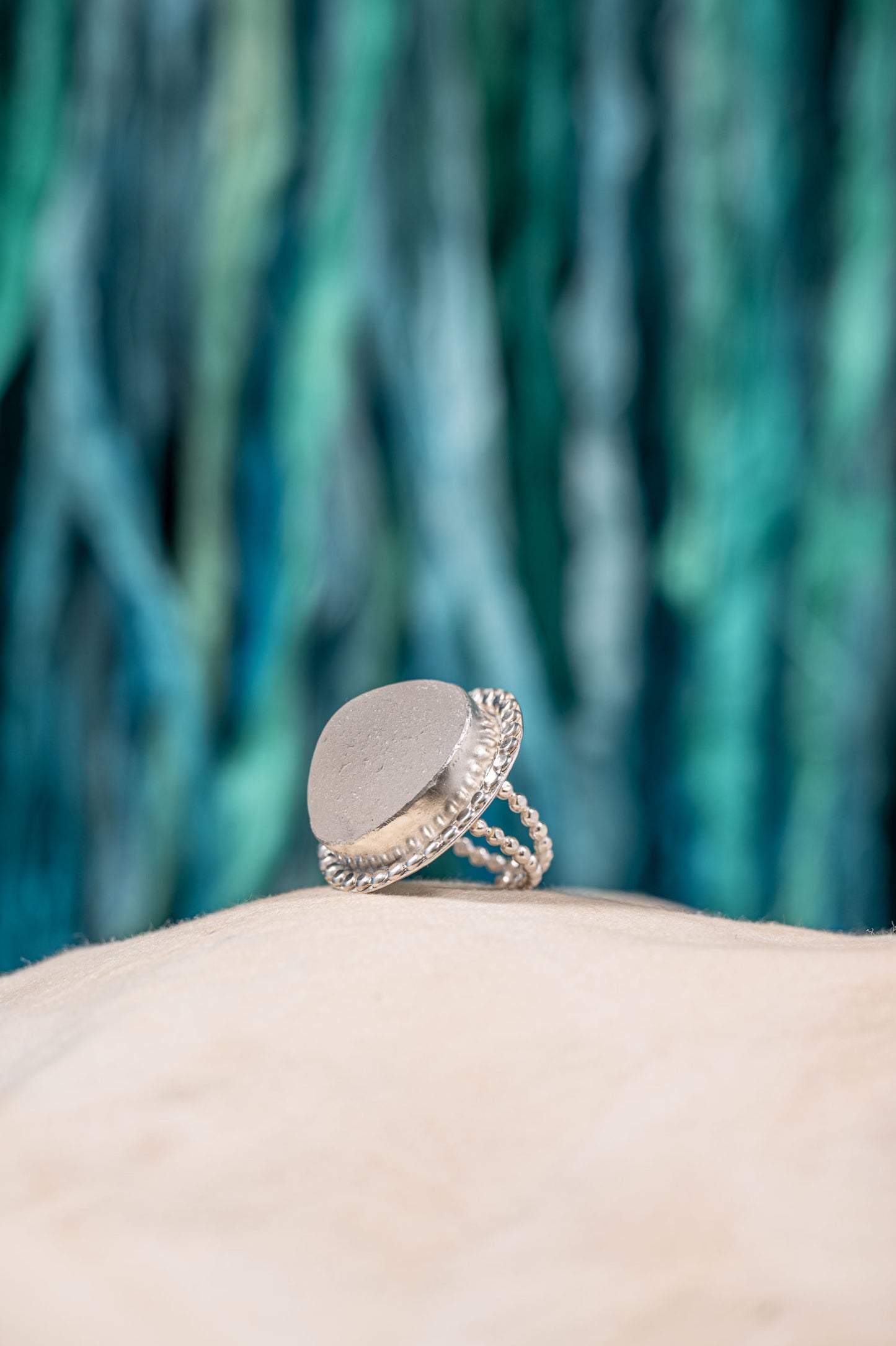 big white sea glass silver statement ring