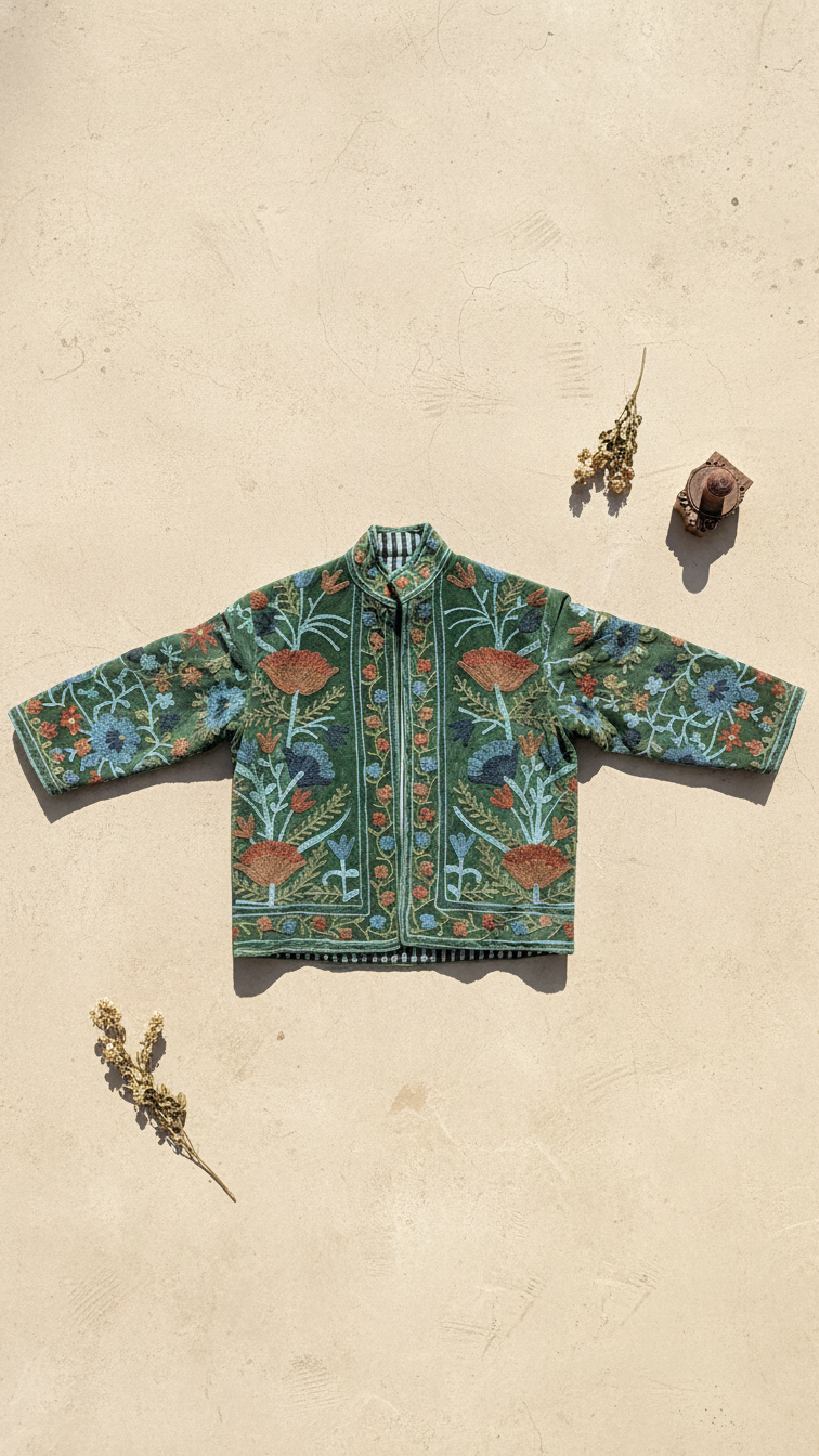 Hand Embroidered Velvet Jacket - Green