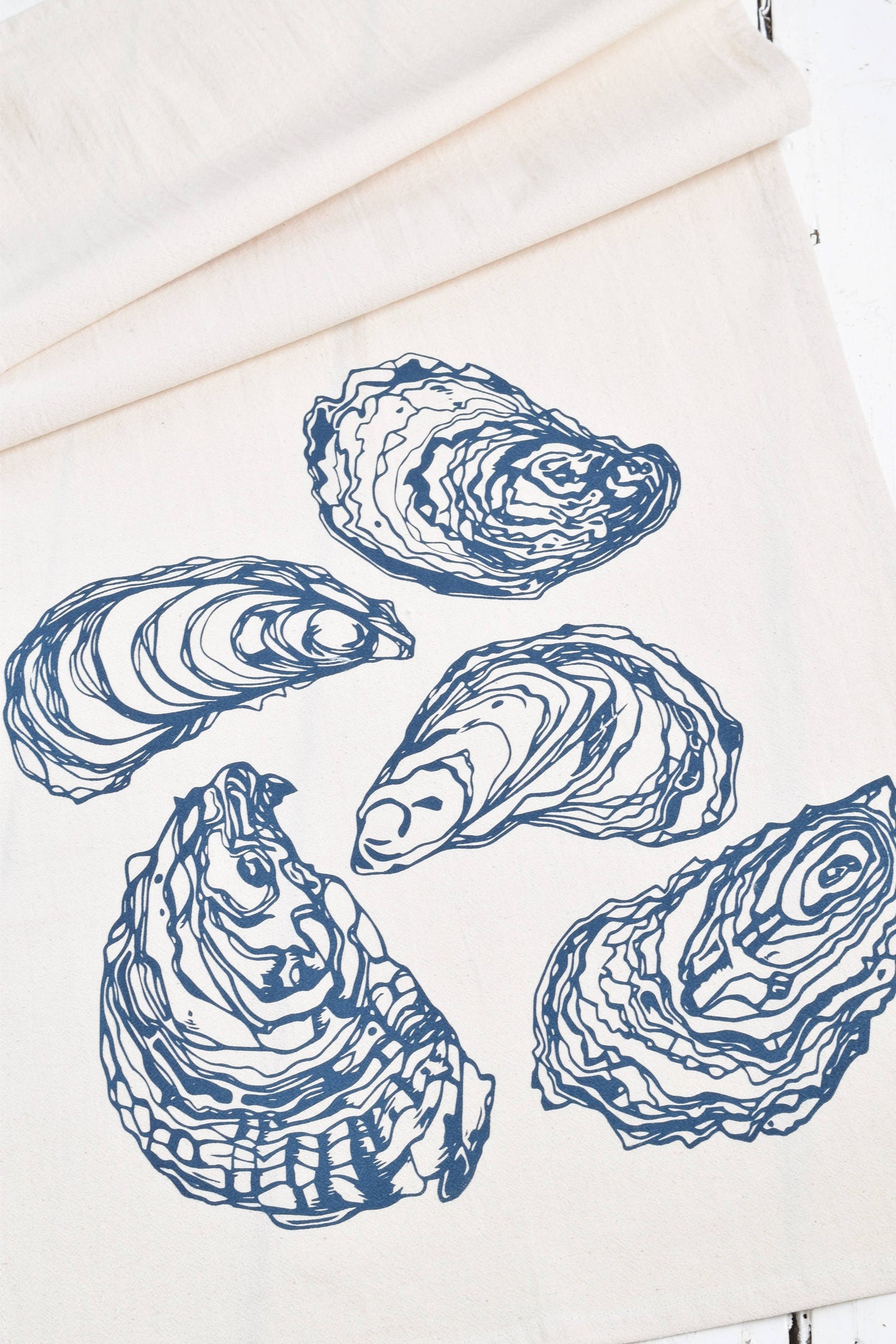 Oyster Organic Cotton Tea Towel — Navy | Hand-Printed Coastal Kitchen Gift