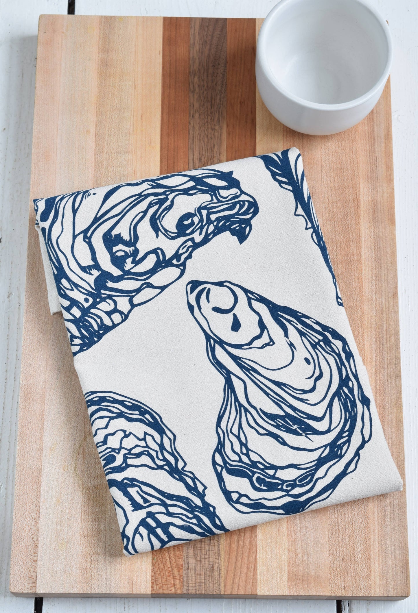 Oyster Organic Cotton Tea Towel — Navy | Hand-Printed Coastal Kitchen Gift