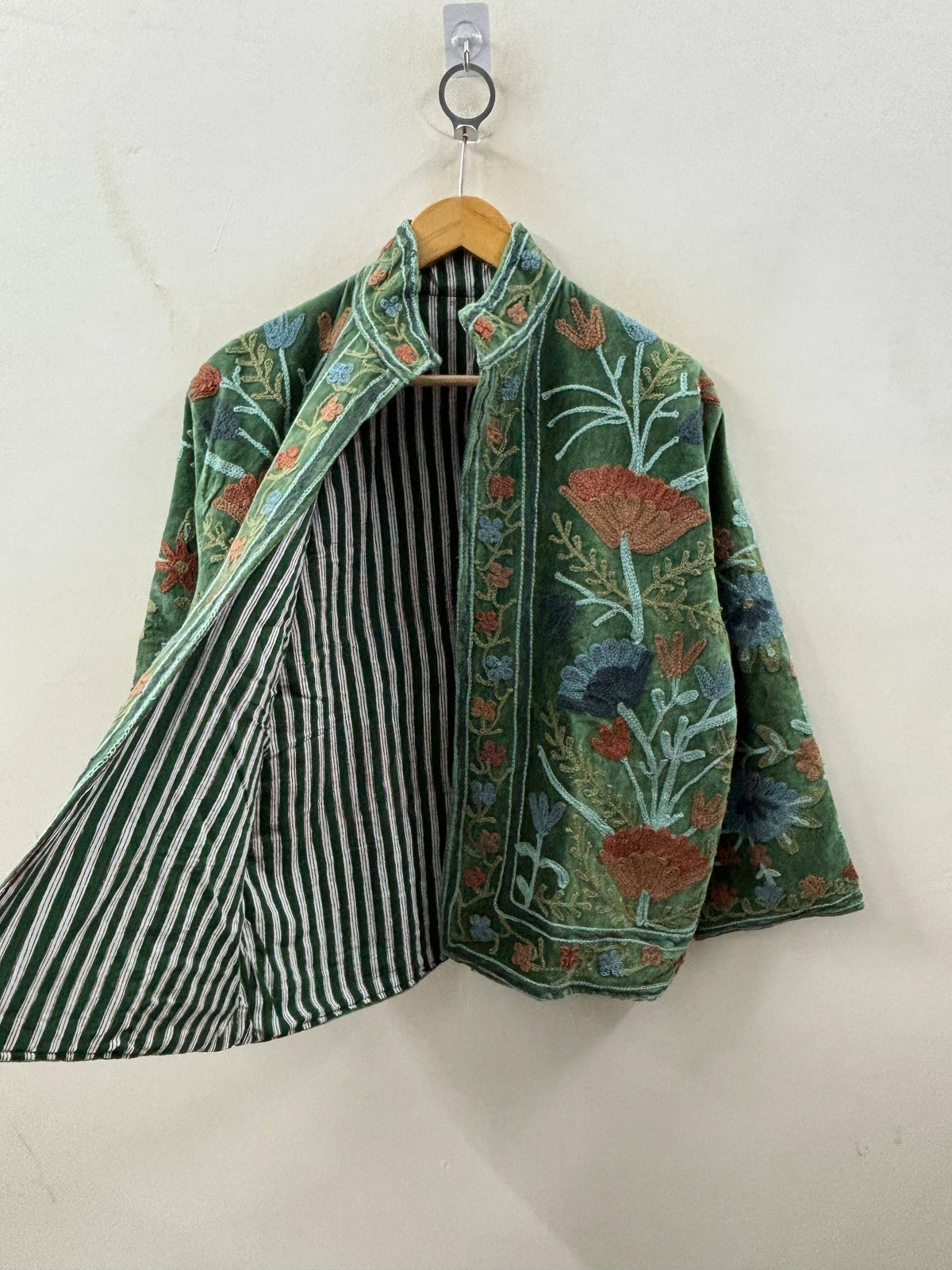 Hand Embroidered Velvet Jacket - Green