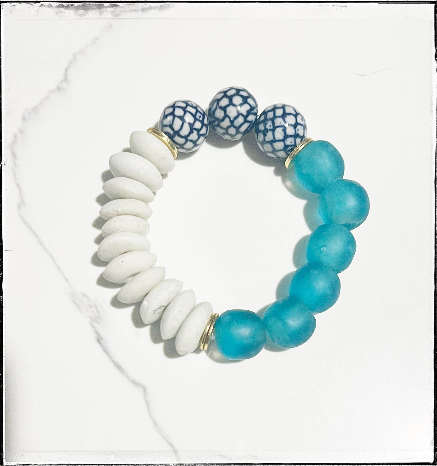Recycled Glass & Ceramic Chinoiserie Stretch Bracelet- Blue