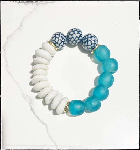 Recycled Glass & Ceramic Chinoiserie Stretch Bracelet- Blue