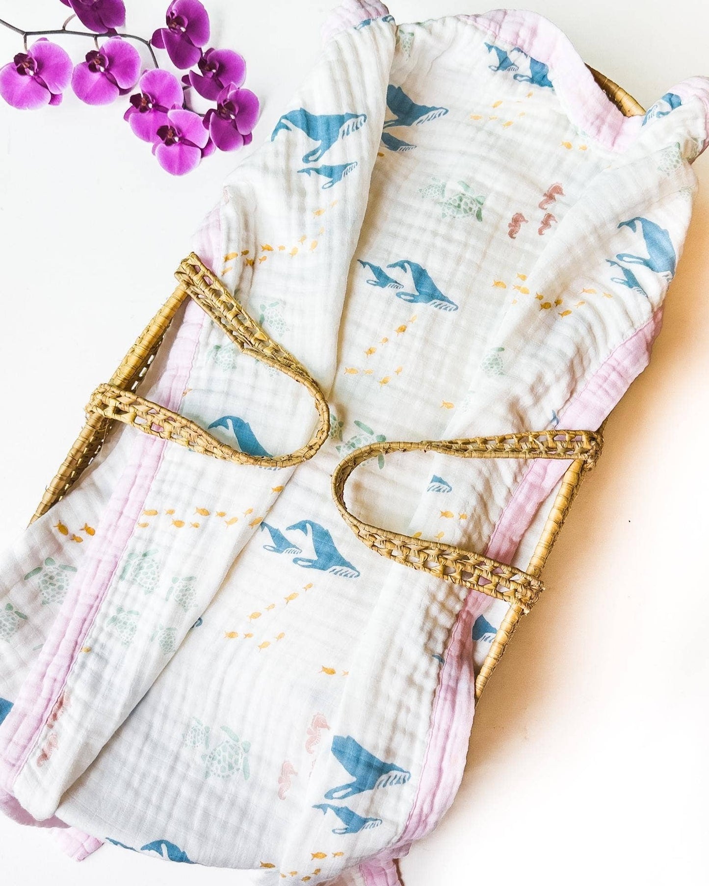 Sea Animals – Pink Trim | 6-Layer Organic Bamboo Muslin Baby Blanket