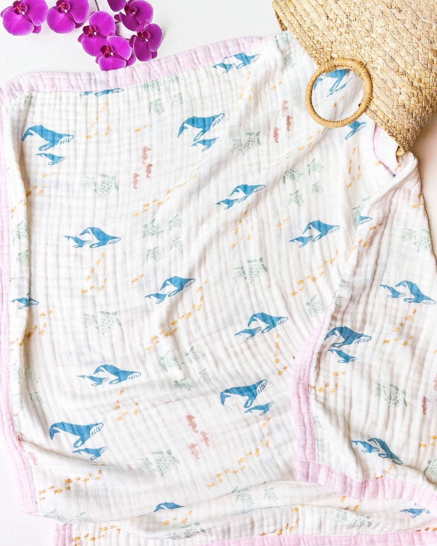 Sea Animals – Pink Trim | 6-Layer Organic Bamboo Muslin Baby Blanket