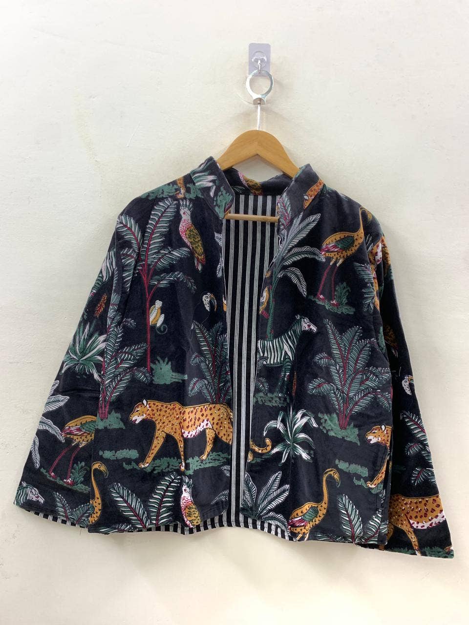 Block-Printed Velvet Jacket — Midnight Black with Wild Safari Motifs
