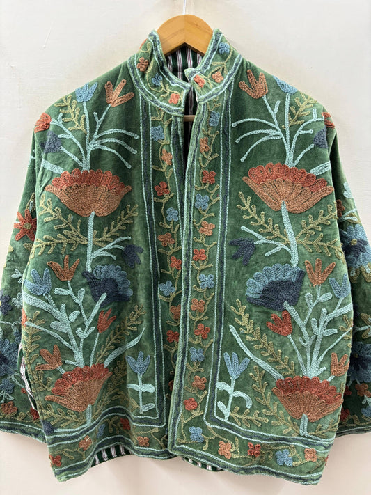 Hand Embroidered Velvet Jacket - Green