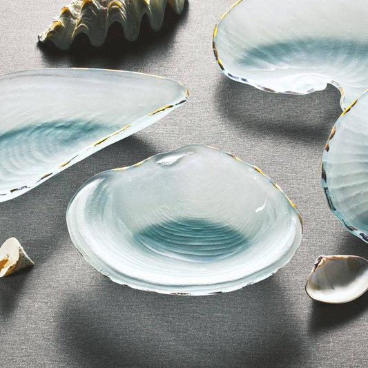 Annieglass Clam Shell Dish — Frosted Glass with 24k Gold Trim | Handmade Monterey Bay