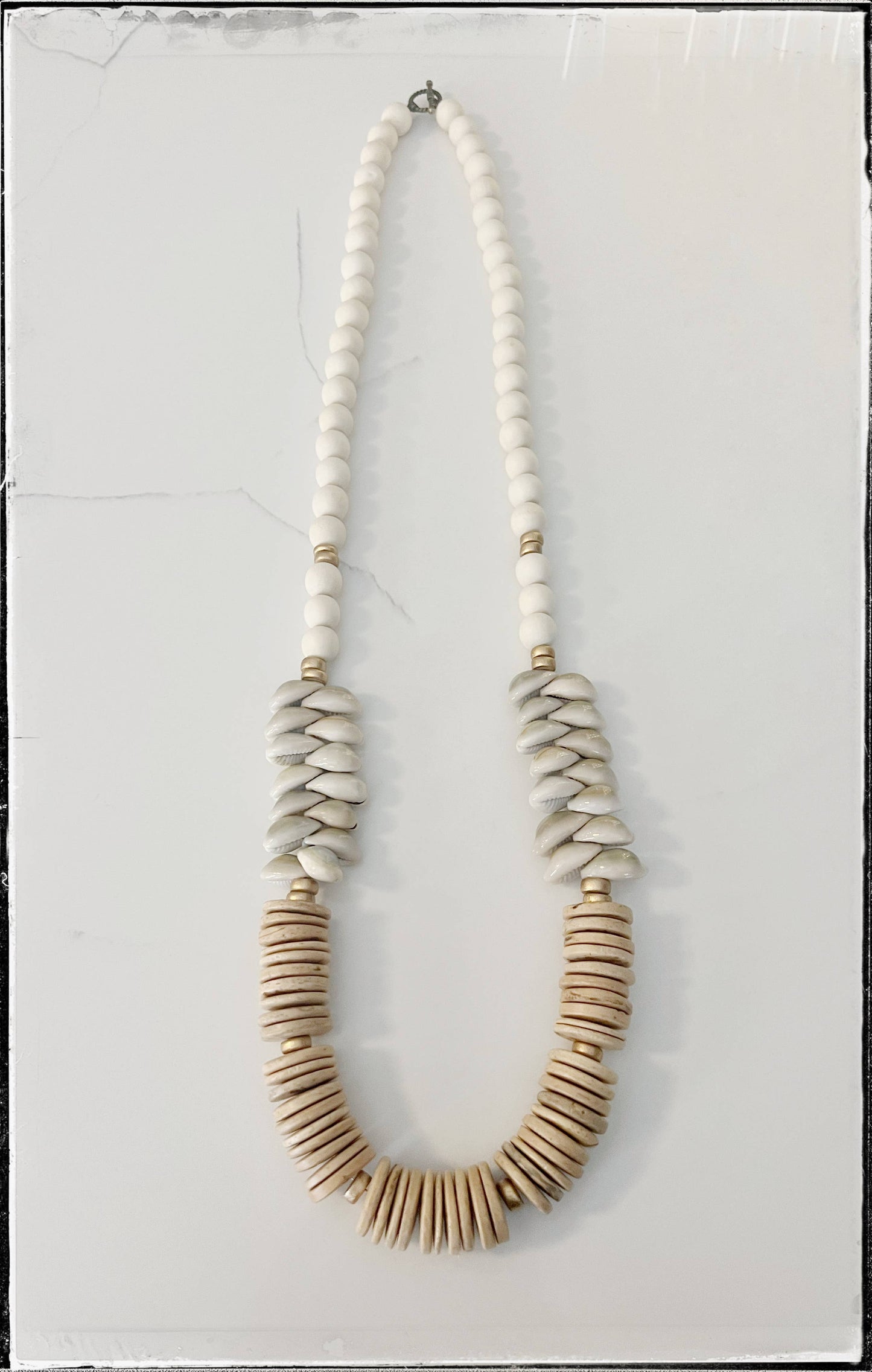 White Coconut Wood Round Bead & Cowrie Sea Shell Necklace