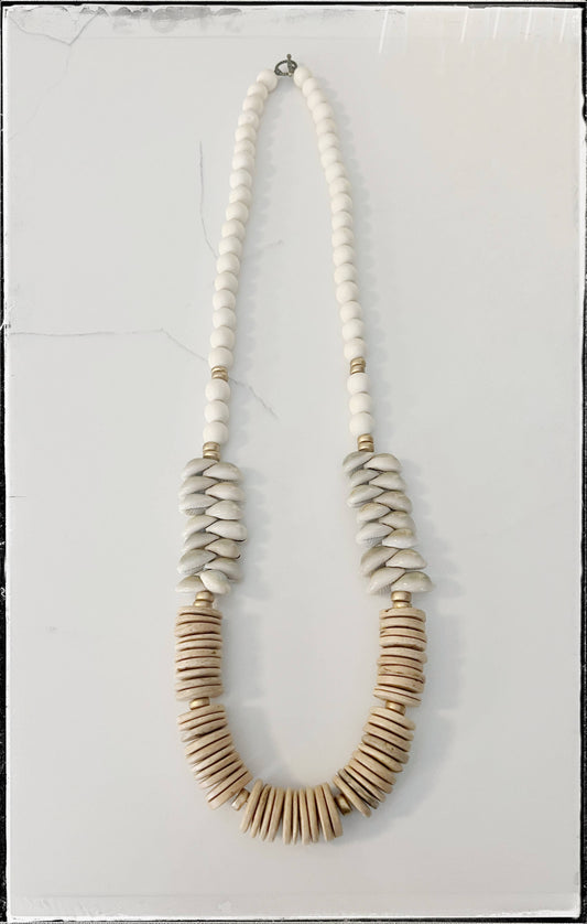 White Coconut Wood Round Bead & Cowrie Sea Shell Necklace