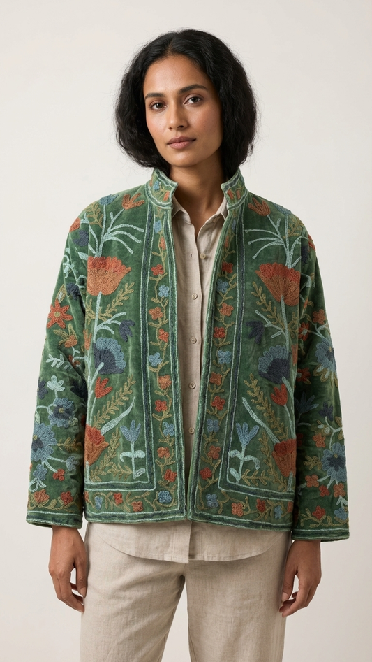 Hand Embroidered Velvet Jacket - Green