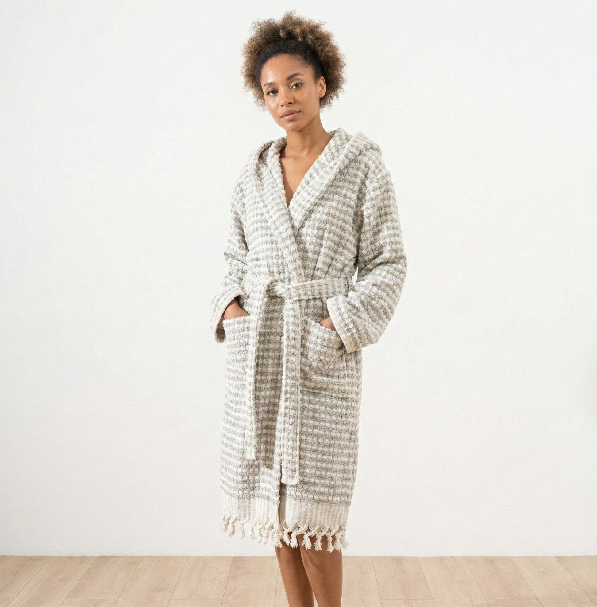 Pompom handloom Turkish cotton bathrobe — fluffy luxury terry robe unisex