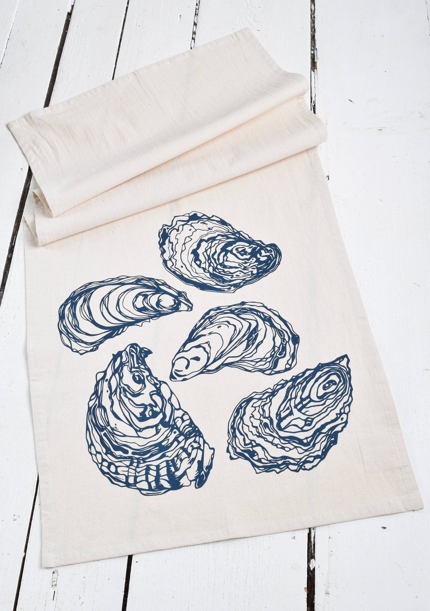 Oyster Organic Cotton Tea Towel — Navy | Hand-Printed Coastal Kitchen Gift