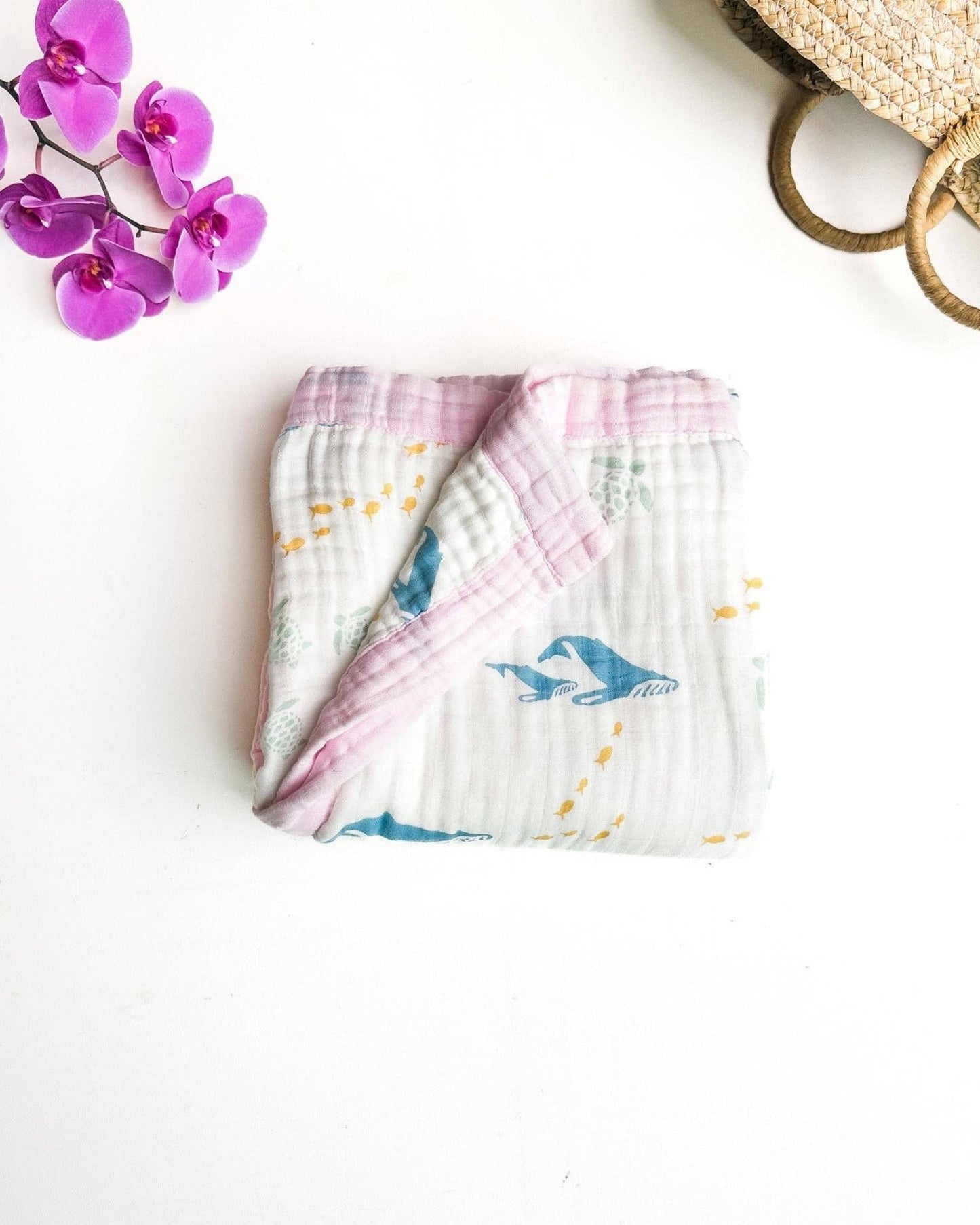 Sea Animals – Pink Trim | 6-Layer Organic Bamboo Muslin Baby Blanket