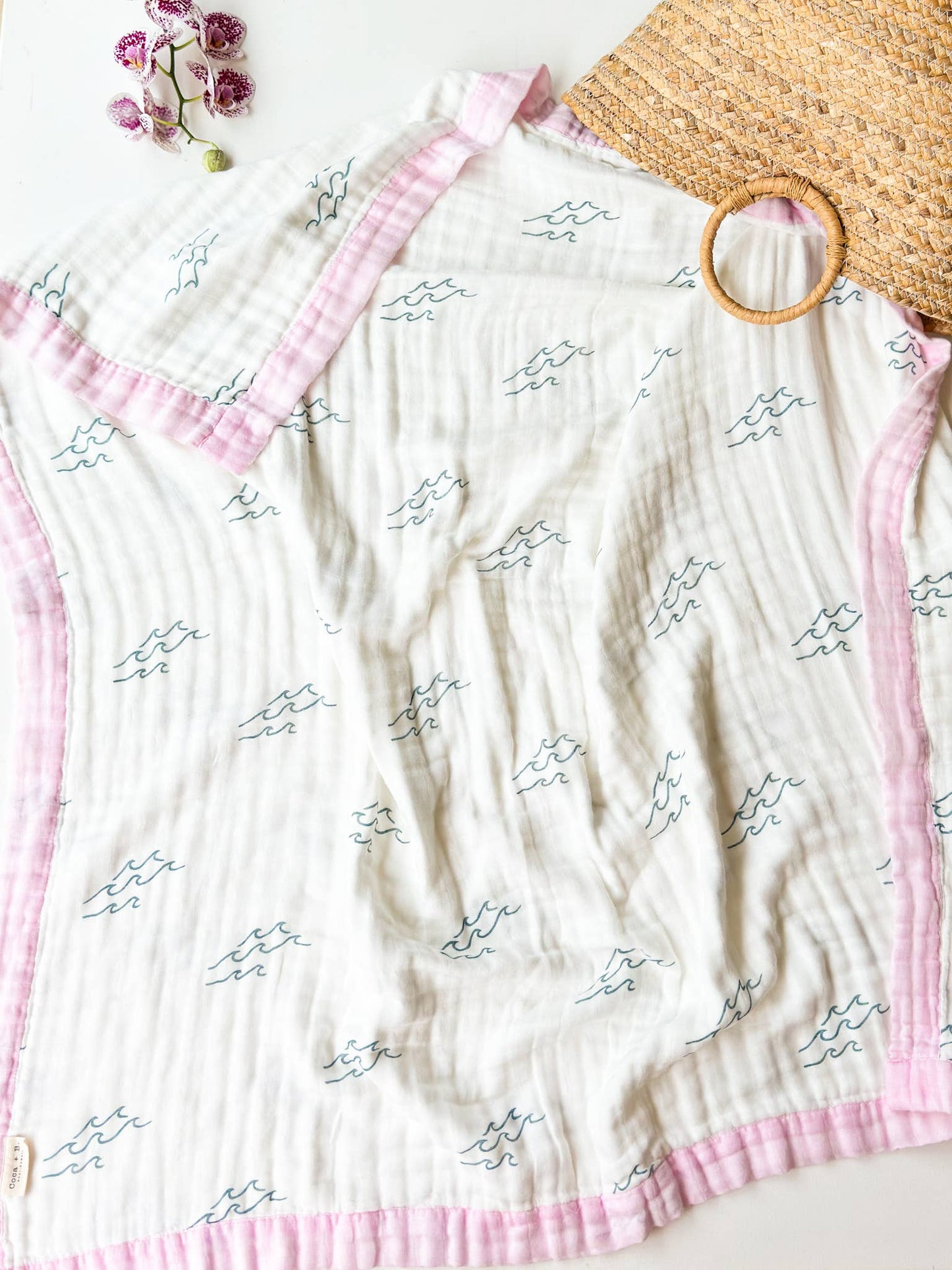 Pink Trim Simple Wave Print 6-Layer Organic Baby Blanket