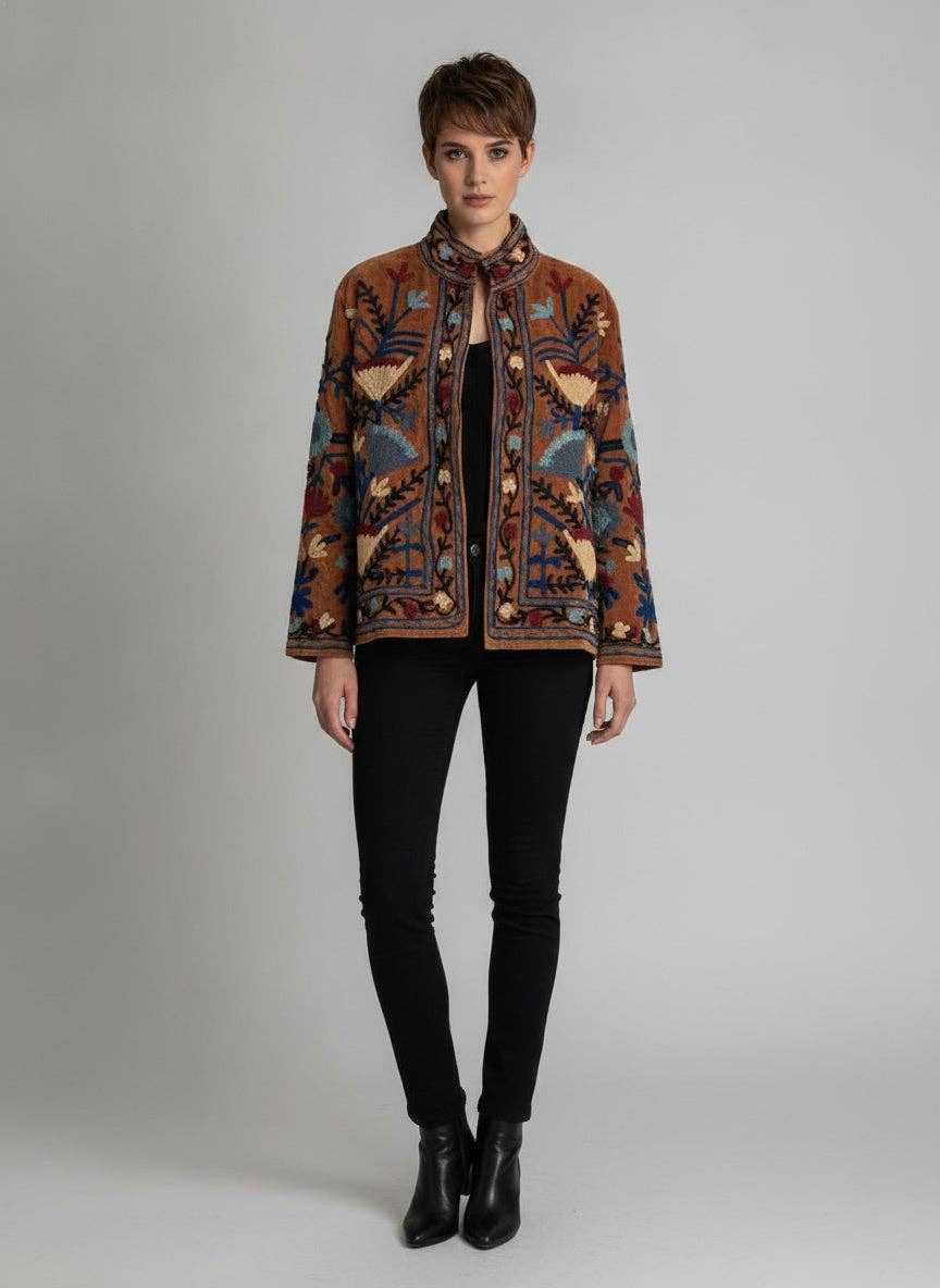 Embroidered Velvet Jacket — Rust