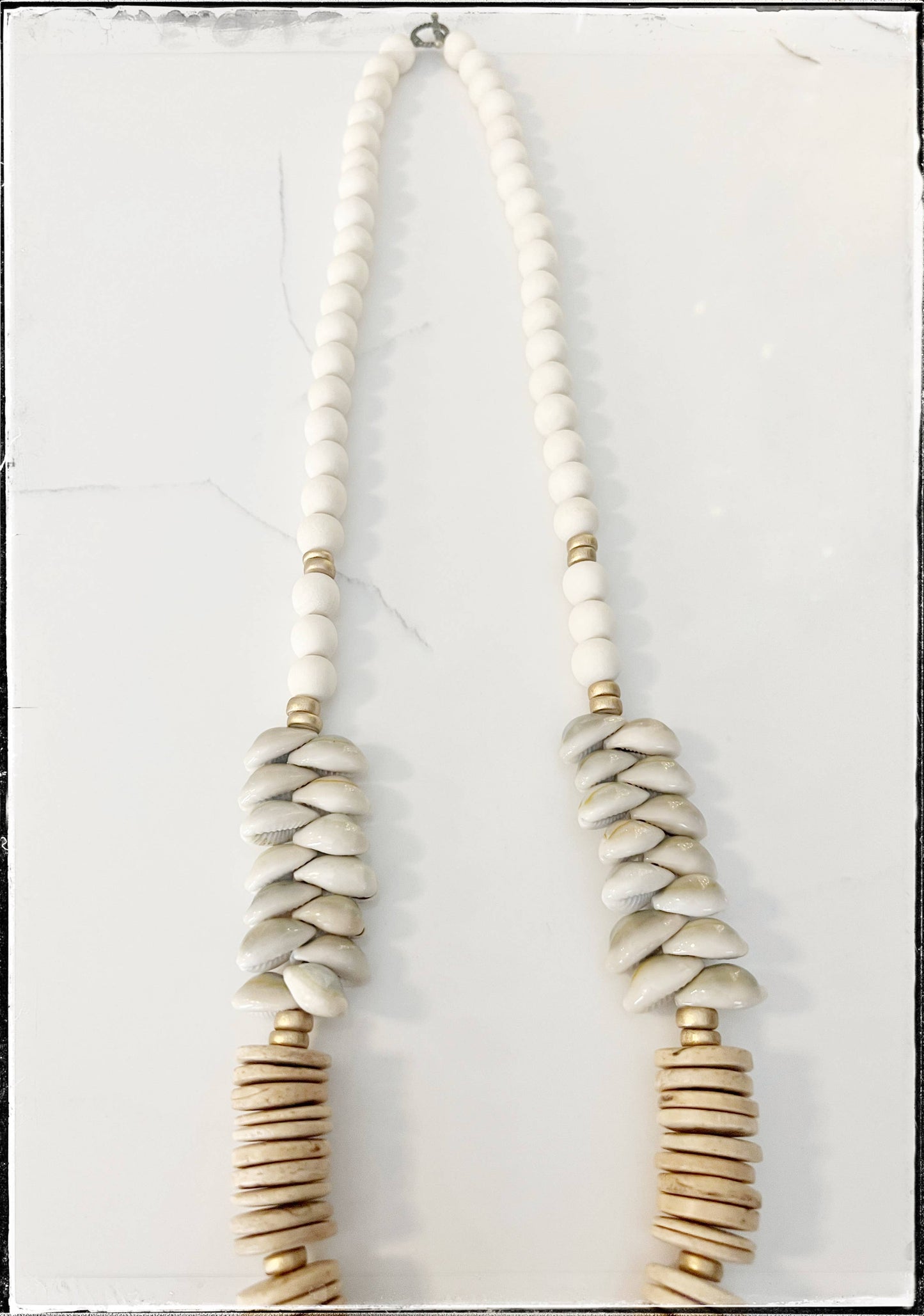 White Coconut Wood Round Bead & Cowrie Sea Shell Necklace