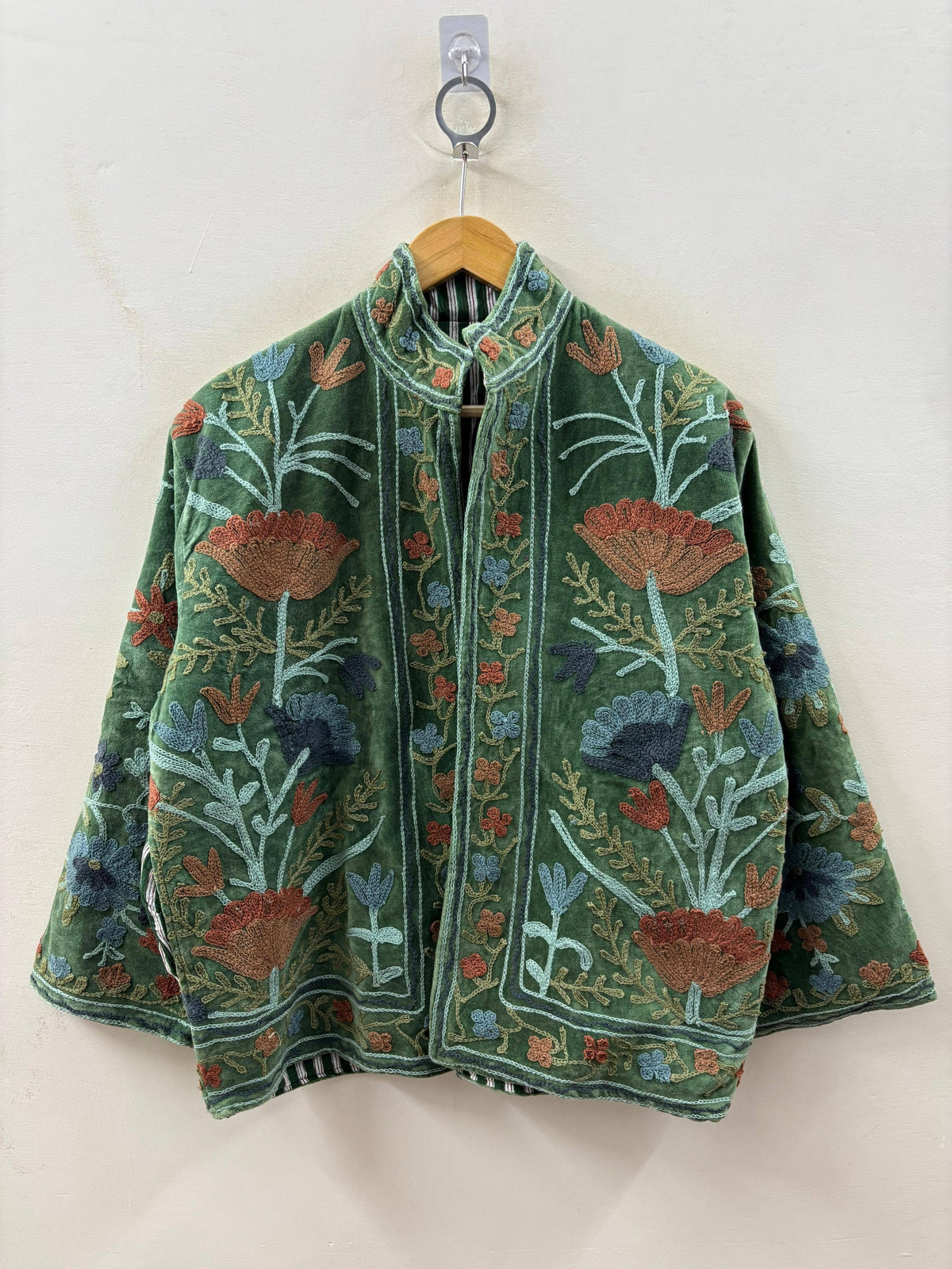 Hand Embroidered Velvet Jacket - Green