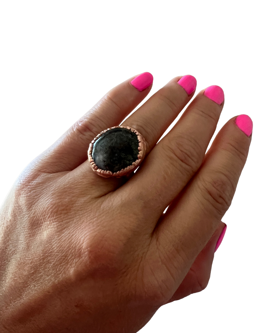 Moss Agate Ring in Copper with Silver Band Size 7